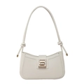 Minimalist off-white leather shoulder bag with gold geometric buckle on plain background - White