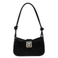 Minimalist black leather handbag with a gold S-shaped buckle and knotted shoulder strap - Black