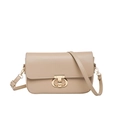 Minimalist beige leather shoulder bag with vintage metal lock and adjustable strap - Khaki