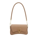 Minimalist beige leather shoulder bag with gold hardware and curved bottom on white background - Khaki