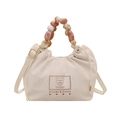 Sac à main plissé crème avec poignée en perles marbrées et motif d'ours mignon - 19.5cmx17.5cmx9cm / Blanc