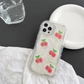 Detail of wave-edge iPhone case with 3D cherry charms on a marble texture back - Cherry / iPhone 7/8/SE 2020