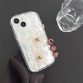 Detalle de funda transparente para iPhone con flores 3D y borde ondulado con purpurina - Estilo de Loto / iPhone 7/8/SE 2020