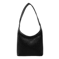 Minimalist black faux leather woven hobo shoulder bag with a moon shape crescent design - Black