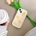 Dettaglio macro della custodia crema glitterata con girasoli 3D e simpatica mascotte panda - Custodia Crema - Glitter a Pois - Fiore Ananas Gatto - Bianco Sporco / iPhone 7/8/SE 2020