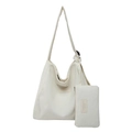 Minimalist beige corduroy hobo shoulder bag with adjustable strap and small zipper pouch - White