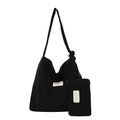 Large black corduroy tote bag set with matching coin purse and white patch labels - Black