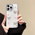 Custodia iPhone glitterata con farfalle 3D in strass e cornice obiettivo placcata - Farfalla con colla glitterata bianca (cornice galvanizzata) / iPhone 7/8/SE 2020
