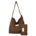 Brown corduroy shoulder tote bag with adjustable strap and small matching zipper pouch - Brown