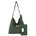 Deep green corduroy tote bag and matching coin purse set with elegant leather tag - Green