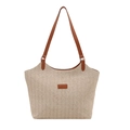 Bolso tote de tejido beige con correas de cuero marrón y parche de moda casual - Marrón