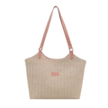 Bolso de paja con ribete de cuero rosa y etiqueta de moda, estilo veraniego sencillo - Rosa