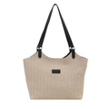 Bolso tote grande de paja tejida beige con parche de moda y correas de hombro negras - Negro