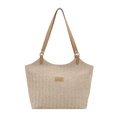 Bolso tote minimalista de paja tejida beige con correas de cuero marrón - Caqui