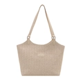 Large straw tote bag with beige woven texture, PU shoulder straps and fashion logo patch - White