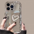 Silver mirror phone case for iPhone with wavy edge and pearl heart rhinestone design - Cream Shell - Hollow Pearl Heart - Electroplated Silver / iPhone 16