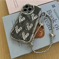 Electroplated heart phone case with silver wrinkled border and matching beaded strap - iPhone 7/8/SE 2020 / Cream Shell - Silver Gray Drip Glue - Wrinkled Heart + Silver Heart Short Rope - Silver