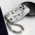 Custodia iPhone marmo bianco con cane palloncino argento, cuore e catenella in perle e strass - Argento Con Catena / iPhone 7/8/SE 2020