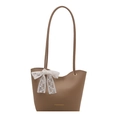 Large capacity brown faux leather tote bag with white lace bow and gold fashion lettering - Khaki