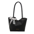 Minimalist black PU leather tote bag with a white lace bow and elegant golden lettering - Black