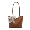 Brown matte leather tote bag with white lace bow and gold fashion lettering print - Brown
