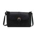 Black woven leather baguette shoulder bag with elegant gold buckle and adjustable strap - Woven Texture / Black