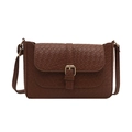 Caramel brown woven texture crossbody bag with gold buckle on white background - Tan