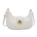 Minimalist white leather half-moon shoulder bag with elegant gold triangle buckle detail - White