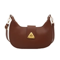 Brown half-moon hobo bag with a gold triangle clasp and adjustable shoulder strap - Brown