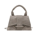 Minimalist light grey textured fabric handbag with silver chain strap and top handle - Gray