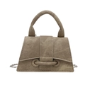 Khaki denim trapezoid handbag with silver chain strap and signature buckle design - Khaki