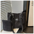 Detail view of black corduroy tote bag set with chain strap and matching small pouch - Black