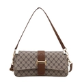 Borsa a tracolla baguette rétro in tela monogram beige con finiture in pelle marrone - Cachi