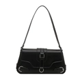 Classic black vintage shoulder bag with polished finish and silver square buckle detail - Black