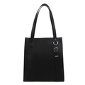 Minimalist black PU leather tote bag with silver ring detail and long shoulder straps - Black
