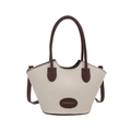 Elegante bolso de paja crema con asas de cuero marrón y detalle de logotipo de moda - Marrón