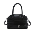Minimalist black PU leather handbag with decorative straps and adjustable shoulder strap - Black