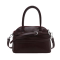 Elegant wine red leather shell bag with decorative buckles and top handles - Red
