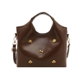 Dark brown faux leather bucket bag with gold animal charms and adjustable strap - Brown