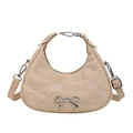 Borsa tote beige a mezzaluna in finta pelle stropicciata con fiocco argentato - Cachi