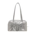 Silver bow shoulder bag with drawstring pockets and glossy finish for women's fashion - Silver Without Pendant
