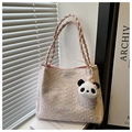 Pink jacquard tote bag detail with woven handles and cute panda plush keychain accessory - Pink With Pendant
