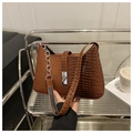 Detail of brown crocodile pattern shoulder bag with silver clasp and metal chain strap - Brown