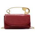 Red wax-finish leather handbag with large gold safety pin handle and chain strap - Red