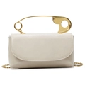 Chic beige crossbody bag featuring a unique oversized gold safety pin handle and chain - White