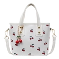 White leather tote bag with cherry print and metallic cherry charm decoration - White with Pendant