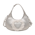 Silver crescent moon crossbody bag with heart lace detail and adjustable strap - Silver