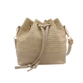 Borsa a secchiello in paglia intrecciata con finiture in ecopelle beige e tracolla - Cachi