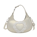 Beige crescent dumpling bag with lace heart detail and adjustable shoulder strap - White