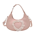 Chic pink crescent underarm bag with large heart detail and white lace ruffle trim - Pink
